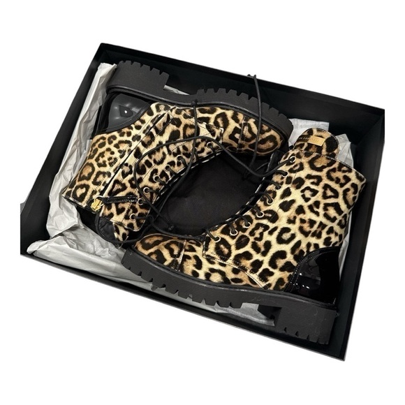GIUSEPPE ZANOTTI Womens Brown Leopard Print Up Toe Block Heel Combat Boots 36 - Picture 5 of 12
